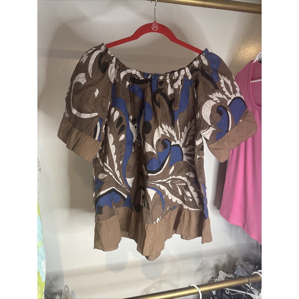 Terzo Millennio Linen Blouse Top Italy Abstract Ruffles Boho Brown Blue Size M‎